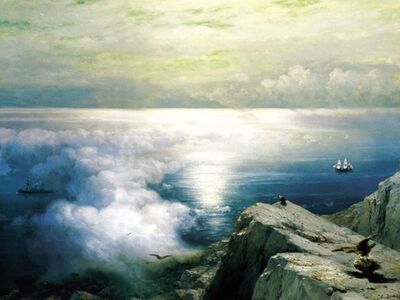 AIK 067 / Ivan Konstantinovich AIVAZOVSKY / Uzaklarda Gemiler ve Ege'den Kayalık Sahil Manzarası, 1884